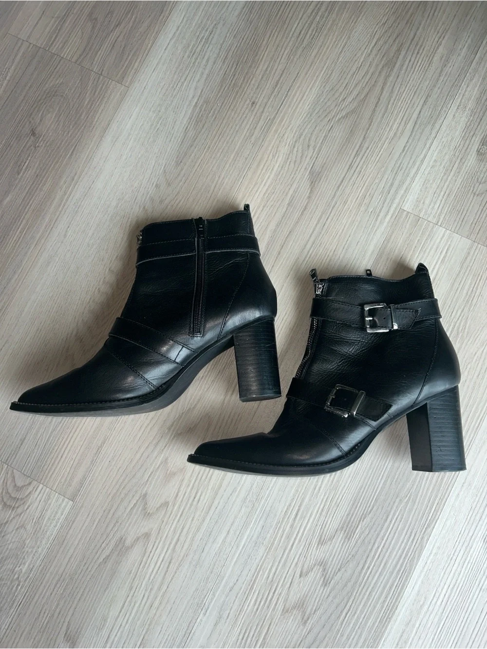 Halle Moto Buckle Booties Black 11M Leather Pointed Toe Side Zipper